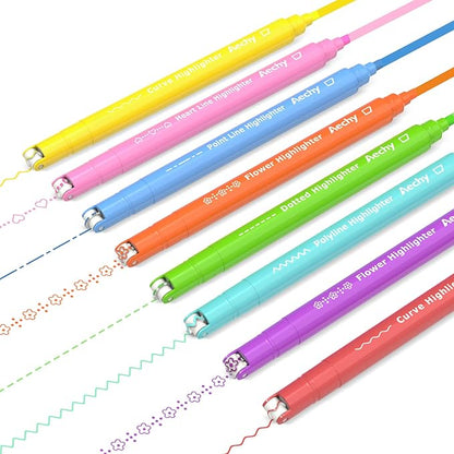 AECHY 8PCS Curve Highlighter Pen Set, Dual Tip Marker Pens with 6 Different Curve Shapes & 8 Colors Mark Lines, Aesthetic Curve Marker Highlighter for Journal Planner School Supplies