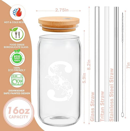 Personalized Tumbler, Monogrammed Can Glass Cups with Bamboo Lids and Straws, Customized Gifts for Women, Cute Design Initial Iced Coffee glasses, Custom Letter Mug, Birthday Bridesmaid, V