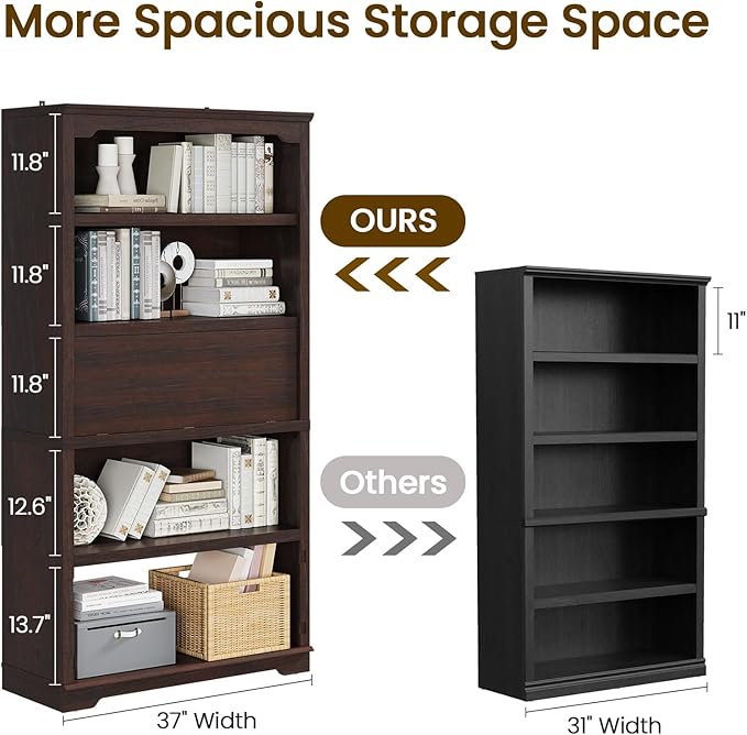HIFYOBRO 71" Tall Bookcase, 5-Tier Open Display Storage Shelf, 37 inch Wide Freestanding Bookshelves with Flip-Down Door on 3rd Book Shelf for Home, Office, Library, 37" W * 11" D * 71" H (Cherry)