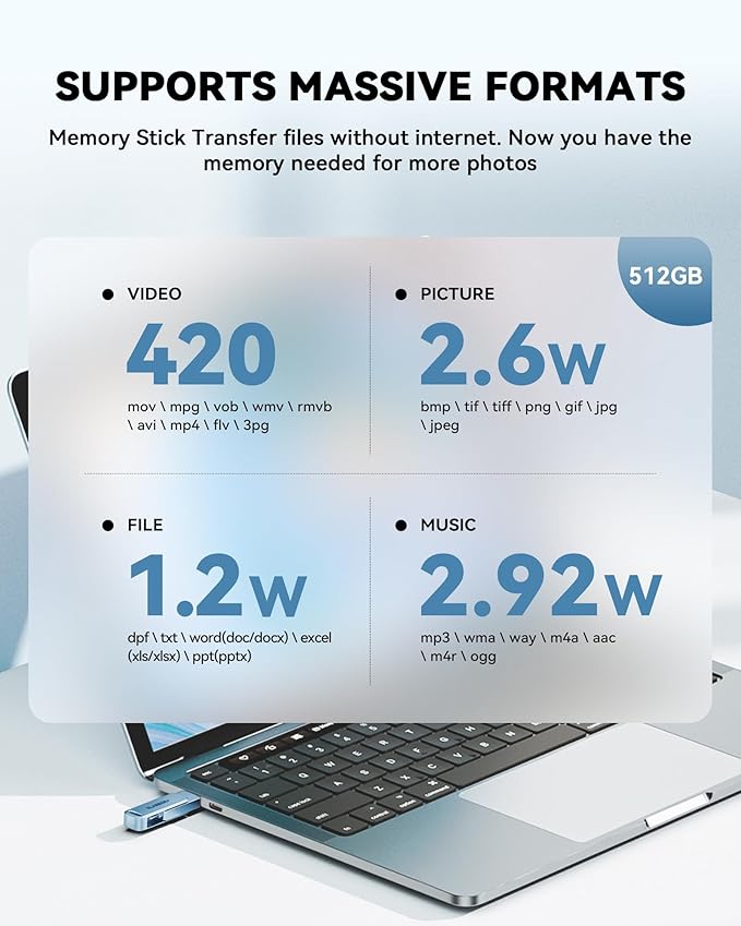 MFi Certified 512GB iPhone Photo Stick, USB Flash Drive for Photo/Video Backup, High-Speed Thumb Drive Compatible for iPhone/iPad/Android/PC (Blue)