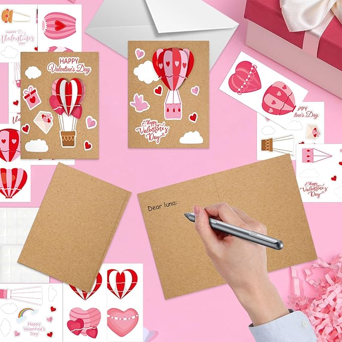 SYUCVQI 18 Pack Valentine's Day DIY Card Making Kit 3D Heart Hot Air Balloon Greeting Cards with Envelope Sticker Valentines Craft School Classroom Valentine Party Gift