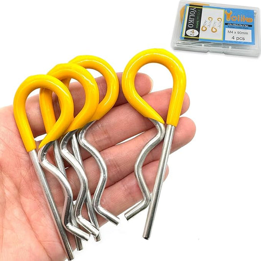 4Pcs Heavy Duty Hitch Pins Clip R Clips Spring Retaining Wire Hair Pins Cotter Pin Strong Spring Rubber-Coated Grip R Clip for Trailer Tractors Mower Carts Truck Pin Clip M4x90mm