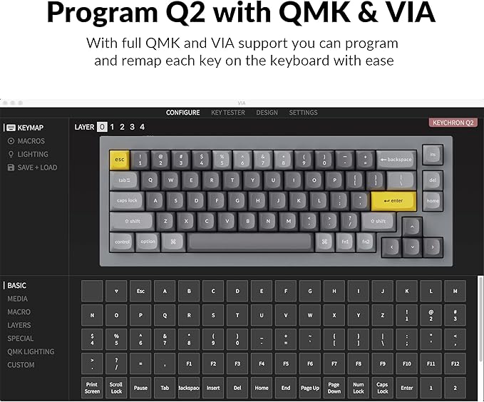 Keychron Q2 Wired Custom Mechanical Keyboard, QMK/VIA Programmable Macro, Full Aluminum, Hot-Swappable Gateron G Pro Red Switch, 65% Layout Double Gasket Compatible with Mac and Windows - Grey