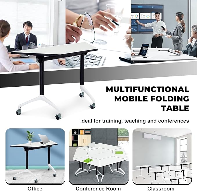Conference Room Tables,47.2" Modern Office FoldingTraining Conference Table,Flip Top Mobile Seminar Table with Lockable Wheels,Mobile Foldable Meeting Table for Classroom Office (Trapezoid, 4 Pack)
