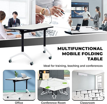 Conference Room Tables,47.2" Modern Office FoldingTraining Conference Table,Flip Top Mobile Seminar Table with Lockable Wheels,Mobile Foldable Meeting Table for Classroom Office (Trapezoid, 4 Pack)