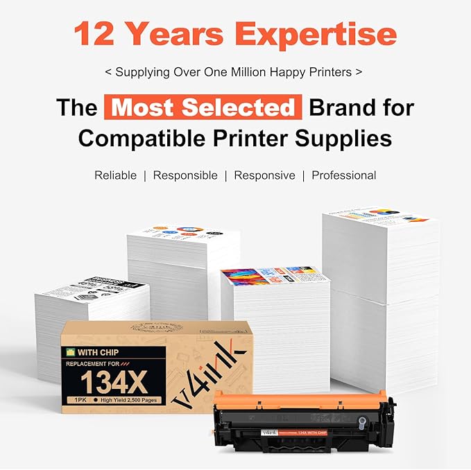 v4ink 134X 134A Black Toner Cartridge (with CHIP) Replacement for HP 134A W1340A 134X W1340X Black High Yield 2,500 Pages for LaserJet M209dw MFP M234dw M234sdw M234sdn Printer Ink, 1 Pack