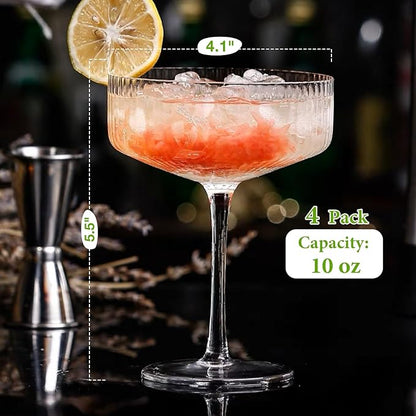4 Pcs Ribbed Coupe Glasses, 10 oz Vintage Coupe Glass Set, Unique Martini Glass, Classic Cocktail Galssware, Bar Drinking Glasses Set Pefect for Cocktail, Wine, Champagne & Gift