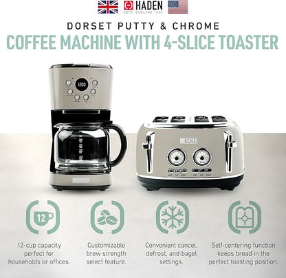 Haden 12 Cup Programmable Drip Coffee Maker Coffee Machine Bundled with Dorset 4 Slice Wide Slot Stainless Steel Toaster, Putty & Chrome