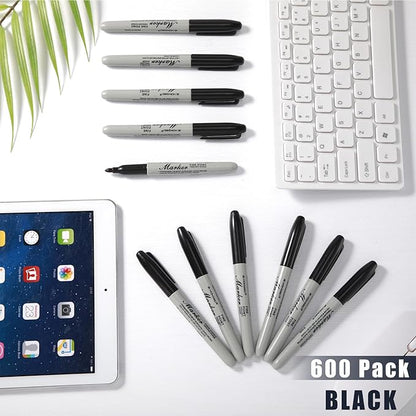 Thenshop 600 Pack Black Permanent Markers Bulk Fine Tip Permanent Marker Set Quick Drying Fine Point Pens for Classroom, Office, Home, Work on Wood, Metal, Stone, Glass, Christmas Office Gifts