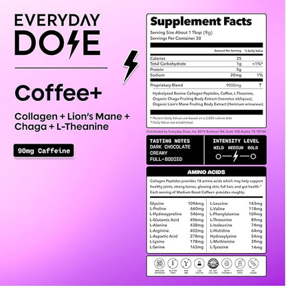 Everyday Dose Bold Medium Roast Mushroom Coffee 90mg Caffeine per serving with Grass-Fed Collagen, Chaga, Lions Mane & L-Theanine for Better Focus, Energy, Digestion, Skin, and Immunity 30 Servings