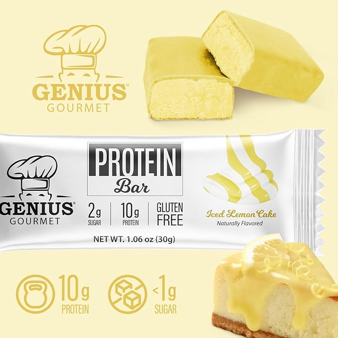 Genius Gourmet Protein Bar, Iced Lemon Cake, Keto Snack, Low Carb, Low Sugar & Gluten Free, Protein Snacks for Adults, 10G of Whey Protein per Protein Bar, 5 Net Carbs, 20 Count