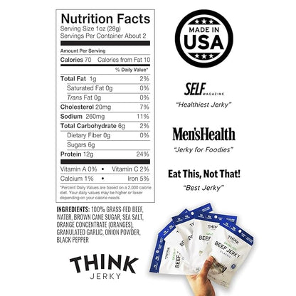 Think Jerky Classic Beef Jerky, Grass-Fed High Protein Beef Jerky, Gluten Free, No Antibiotics or Nitrates, Healthy Chef Crafted Recipe, Low Calorie and Low Fat - 2.2 oz Bags, 8 Pack