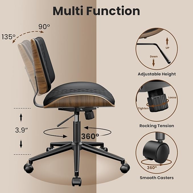 Armless Office Chair, Mid Century Modern Desk Chair with Walnut Wood Back & SGS Level 3 Gas Lift, Swivel PU Leather Computer Chair for Small Space, Home Office, 300lbs Cap, Black Set of 2