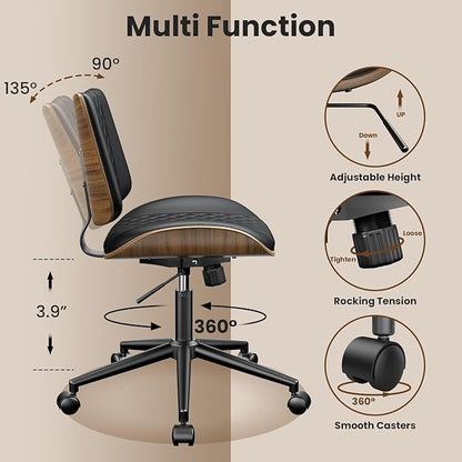 Armless Office Chair, Mid Century Modern Desk Chair with Walnut Wood Back & SGS Level 3 Gas Lift, Swivel PU Leather Computer Chair for Small Space, Home Office, 300lbs Cap, Black Set of 2
