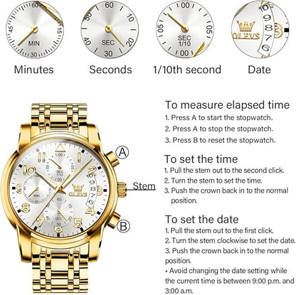 OLEVS Men's Stainless Steel Chronograph Watch, Big Face Gold Silver Black Tone Easy to Read Analog Quartz Watch, Luxury Waterproof Date Diamond Roman Arabic Numerals Dial Dress Watch for Men