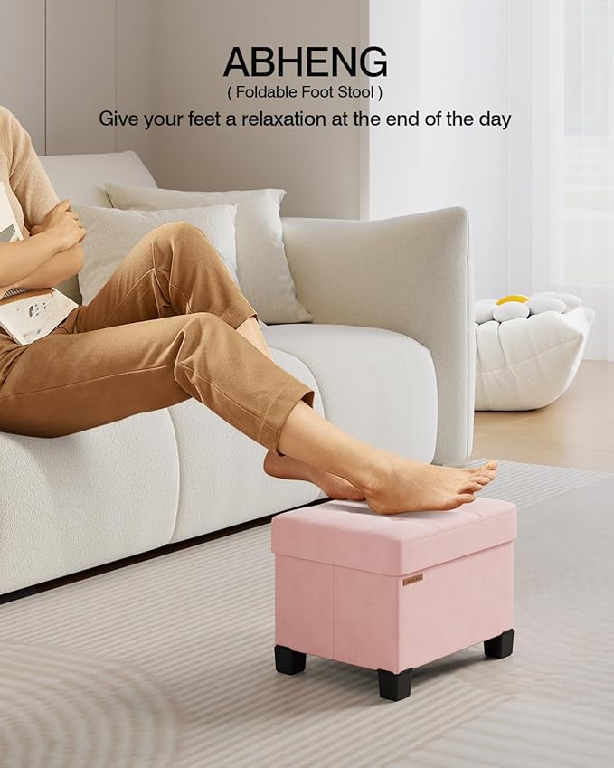 Cube Storage Ottoman, Velvet Foot Stool with Feet, Folding Storage Bench, End of Bed Bench, Storage Chest, for Living Room, Bedroom, 12.6 x 15.8 x 13.2 Inches, Jelly Pink, ASND21P