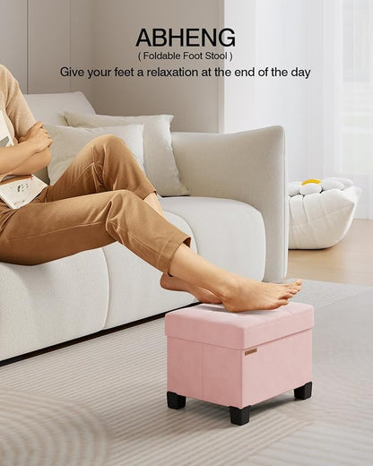 Cube Storage Ottoman, Velvet Foot Stool with Feet, Folding Storage Bench, End of Bed Bench, Storage Chest, for Living Room, Bedroom, 12.6 x 15.8 x 13.2 Inches, Jelly Pink, ASND21P