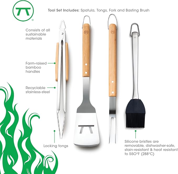 Outset Stainless Steel Grill Tool Set, Verde Collection, Spatula, Tongs, Grill Fork, and Sauce Brush