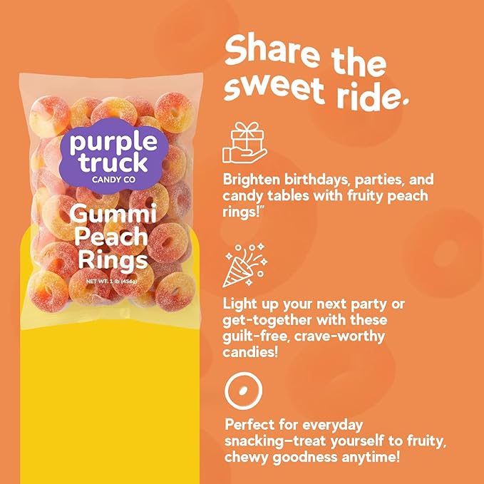Purple Truck Candy Co. Peach Rings - Soft Chewy Gummy Candy with Delicious Peach Flavor - Allergen-Free Fruit Gummies - Perfect for Parties, Gift Baskets, Candy Buffets, Snacking & Sharing - 1 lb Bag