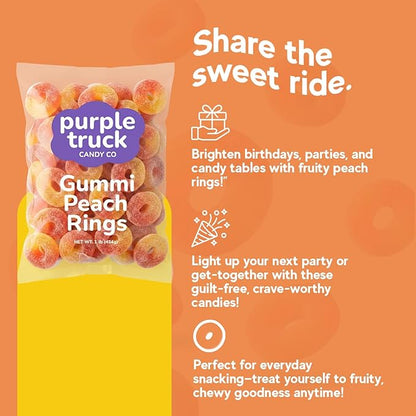 Purple Truck Candy Co. Peach Rings - Soft Chewy Gummy Candy with Delicious Peach Flavor - Allergen-Free Fruit Gummies - Perfect for Parties, Gift Baskets, Candy Buffets, Snacking & Sharing - 1 lb Bag