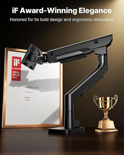 monTEK Sleek Aluminum Monitor Arm for 17–57” Ultrawide Screens up to 59 lbs, Heavy Duty Single Monitor Arm Desk Mount, Pneumatic Lift, Quick-Release Plate, Clamp/Grommet, Max VESA 100x100