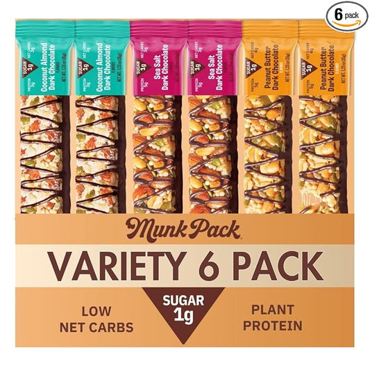Munk Pack Peanut Butter Dark Chocolate Nut & Seed Snack Bars Stocking Stuffers | 5g Protein, 1g Sugar - Gluten-Free, Low Sugar, Plant-Based - Coconut Almond, Variety Pack, Sea Salt Snacks | 6 Count