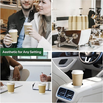 Disposable Coffee Cups with Lids 8 oz To Go Hot Cups 100 Pack Double Wall Paper Cups with Lids BPI Compostable Cups PLA Coated Natural Kraft Insulated Coffee Cups for Togo Office Coffee Bar Supplies