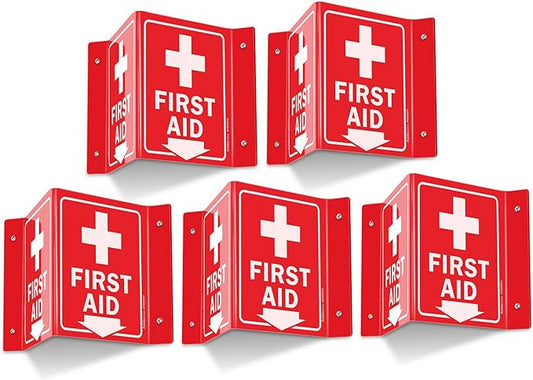 Faittoo First Aid Sign, 5 Pack First Aid with Cross Symbol - 6 x 8 Inches V-Shaped Acrylic Plastic, 4 Pre-Drilled Holes, Includes Matching Screws, Use for Home Office/Business