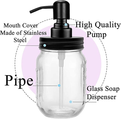 2-Pack Mason Jar Soap Dispenser - 16 oz Thick Clear Glass Soap Dispenser with Rust Proof Stainless Steel Pump and Lid for Liquid/Dish Soap/Lotion, Refillable Dispensers for Kitchen Bathroom Countertop