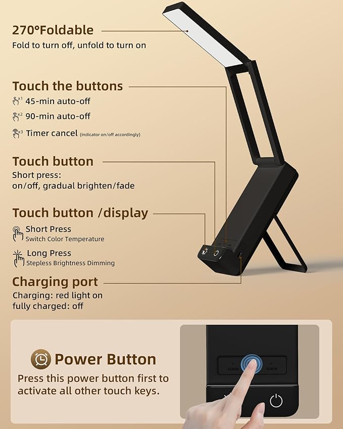EZVALO LED Rechargeable Desk Lamp, 6000mAh Battery Operated Foldable & Portable Light,90Ra Cordless Table Lamp for Office Home, 3 Color Dimmable Small Desk Lamp Wireless Reading Lamp (Black)