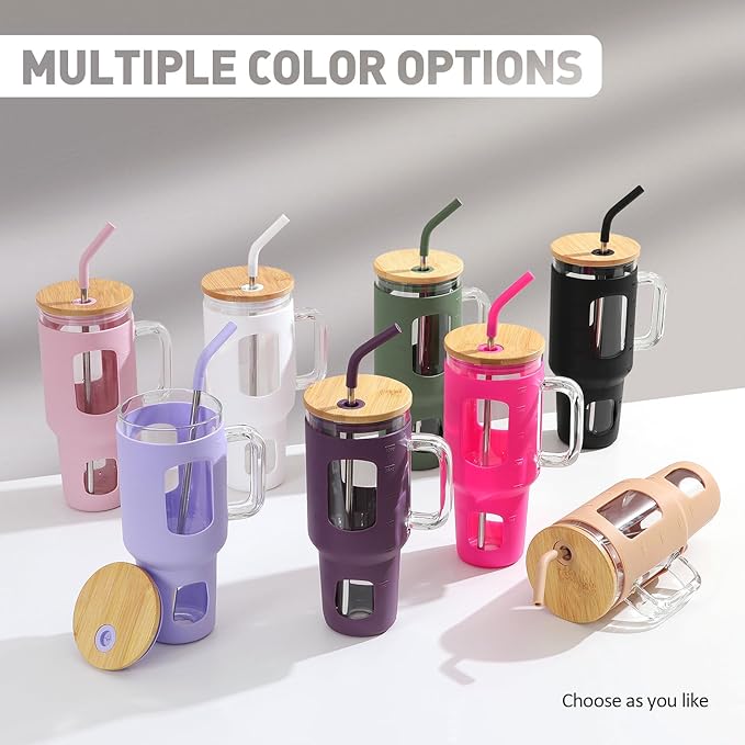 Glass Tumbler with Straw and Lid, 40 oz glass cup with handle, Glass Water Bottles with Time Marker, Silicone Protective Sleeve-Olive
