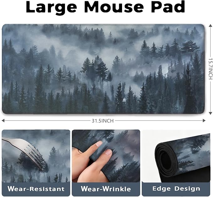 Grey Forest Patterns Desk Mat, Large Gaming Mouse Pad Non-Slip Rubber Base with Stitched Edges, Waterproof Protection for PC Laptop Home Office Desk Decor (31.5x15.7in)