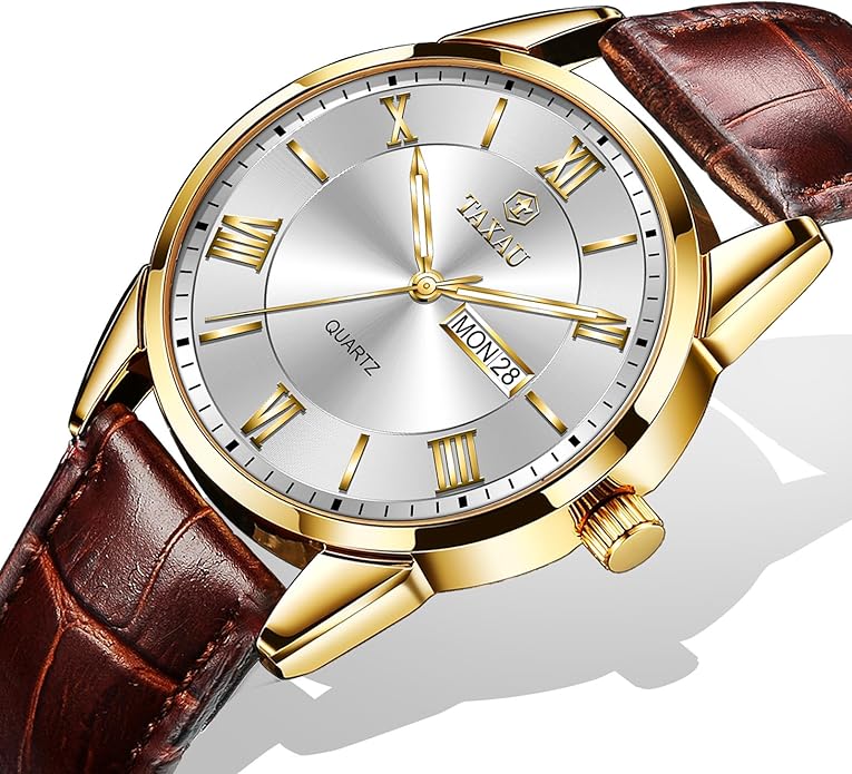 Men's Watch Big Face Easy Read Arabic Numeral Dress Watches for Men Classic Black Brown Leather Band Analog Mens Wrist Watch with Day and Date Fashion Business Waterproof Luminous Quartz Watch