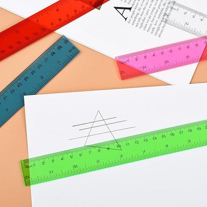 Clear Plastic Ruler 12 Inch Straight Rulers, Bulk Assorted Colors, Shatterproof Ruler with Inches and Centimeters for School Classroom, Home, or Office (8 Pack)