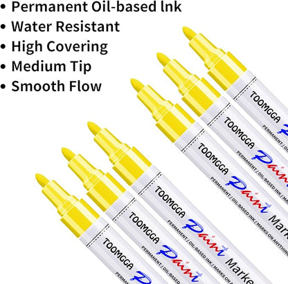 Yellow Permanent Paint Pens Paint Markers - 6 Pack Oil Based Markers, Quick Drying and Waterproof Marker Pen, Car Tire, Metal, Rock Painting, Wood, Ceramic, Plastic, Canvas, Mugs, Medium Tip