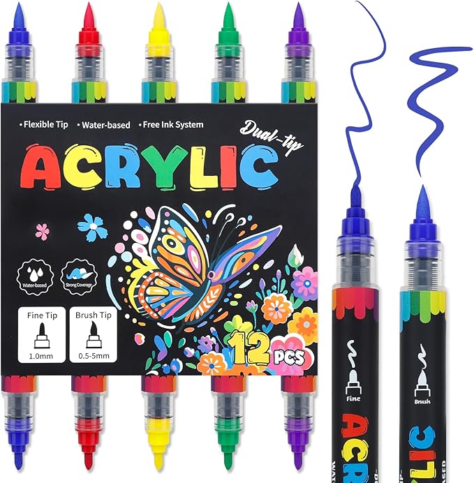 5 Colors Dual Tip Acrylic Paint Markers, Water-Based Permanent Acrylic Pens with Fine & Brush Tip for Rock Painting, Canvas, Glass, Wood, Ceramic, Fabric