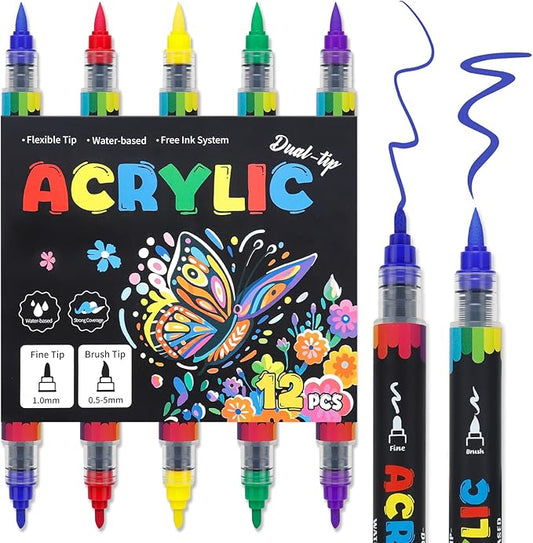 5 Colors Dual Tip Acrylic Paint Markers, Water-Based Permanent Acrylic Pens with Fine & Brush Tip for Rock Painting, Canvas, Glass, Wood, Ceramic, Fabric