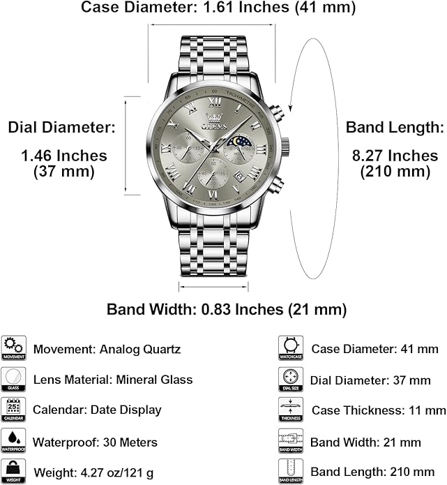 OLEVS Mens Stainless Steel Chronograph Watch, Big Face Roman Numerals Date Analog Quartz Dress Watches for Men, Fashion Multifunctional Waterproof Luminous Hands Men's Wristwatch