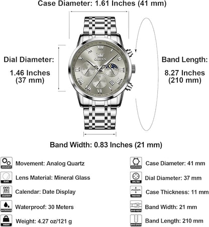 OLEVS Mens Stainless Steel Chronograph Watch, Big Face Roman Numerals Date Analog Quartz Dress Watches for Men, Fashion Multifunctional Waterproof Luminous Hands Men's Wristwatch