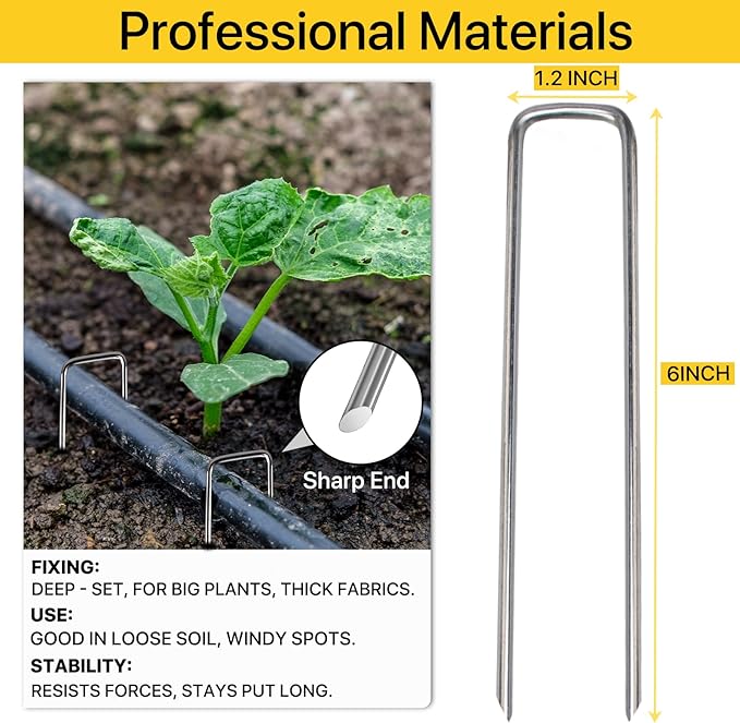Landscape Staples 6inch,11Gauge Galvanized Lawn Staples, Sturdy Garden Stakes for Effortlessly Securing Weed Barrier Fabric,Ground Stabilization, and Tackling Outdoor Yard Work (6INCH, 100)