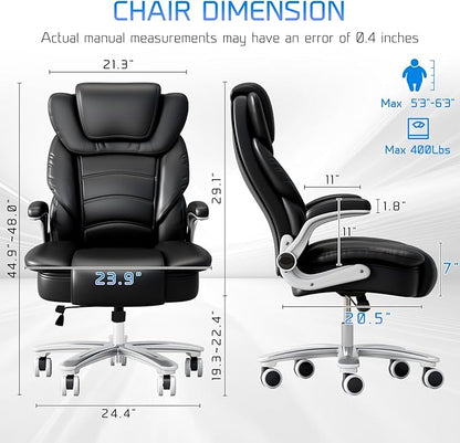 GYI Big and Tall Office Chair 400lb Wide Seat, Ergonomic High Back Leather Executive Desk Chair with Flip-up Arms, Black