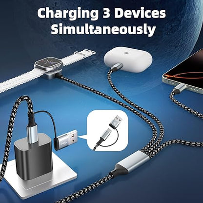 Travel 3 in 2 Charging Cable for iWatch Charger, Travel Essentials UB-A/USB-C Multi Charging Cable/Cord for All Devices Compatible for iWatch Ultra/SE/10-1, iPhone16 15 14, Android-5FT