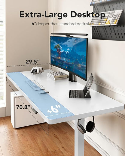 HUANUO 71 x 30 inch Electric Standing Desk, Powerful Brushless Motor Large Height Adjustable Table, 4 Memory Preset Sit Stand Up Desk, Home Office Computer Table with Thick T-Shaped Frame, White