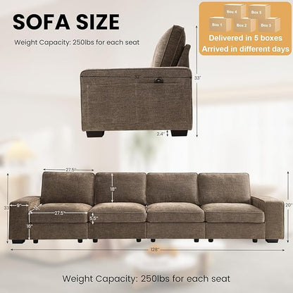 TEKAMON 128" Modular Sofa Couch with Seat Storage, Chenille Sofa，Modern Comfy 4-Seater Couch for Living Room, Office, Apart W/Deep Seat, Wide Armrest, USB, Pockets, Removable Covers (Brown)