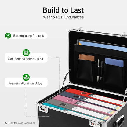 Portable File Storage Box, Locking Mobile Business Case File Box Aluminum Alloy File Lock Box with Wheels and Combination Lock Hand Pull File Case for Homes Offices Schools