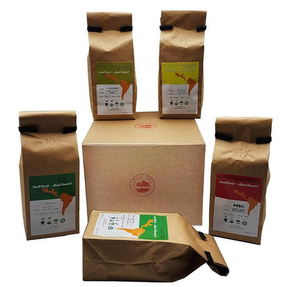 Coffee Gift Set Las Americas 5 Pack 12oz Gourmet Organic Medium Roast whole Bean with Best Beans From Mexico, Guatemala, Peru, Colombia and Brazil 60oz