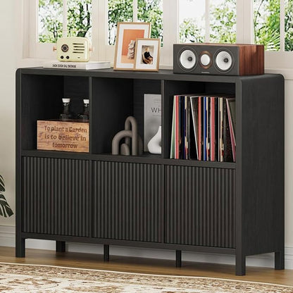 FATORRI 6 Cube Storage Organizer, Horizontal Bookcase with 3 Doors, Low Wood Bookshelf for Home Office, Bedroom, Living Room (Black)