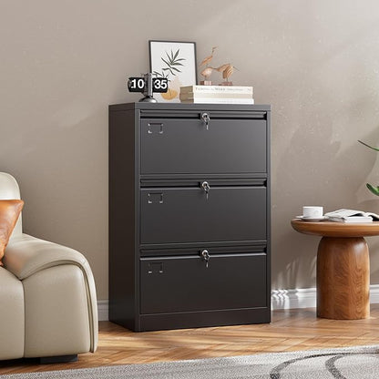SUXXAN Metal 3 Drawer Lateral File Cabinet with 3 Lock - Wide Filing Cabinet for Letter/Legal/F4/A4 Hanging Files - Includes Business Card Holder,Home Office School Storage,Black