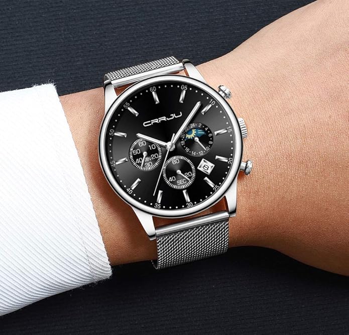 CRRJU Men's Fashion Casual Watches Auto Date Chronograph Watch Men Nice Work Watches Waterproof 30M Full Steel Quartz with Mesh Strap