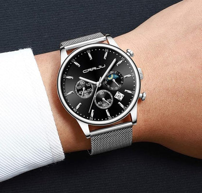 CRRJU Men's Fashion Casual Watches Auto Date Chronograph Watch Men Nice Work Watches Waterproof 30M Full Steel Quartz with Mesh Strap
